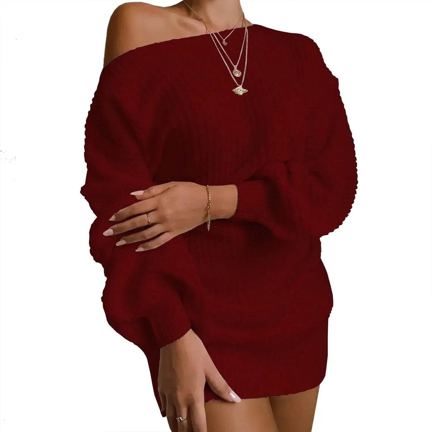 Autumn Winter Slant Shoulder Off Lantern sleeve Mini knitted wool sweater dress - www.Shopthatapp.com