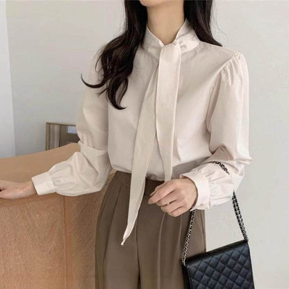 Spring New Gentle Lace-up Bow Tie Design Puff Sleeve Solid Color Shirt For Women - www.Shopthatapp.com