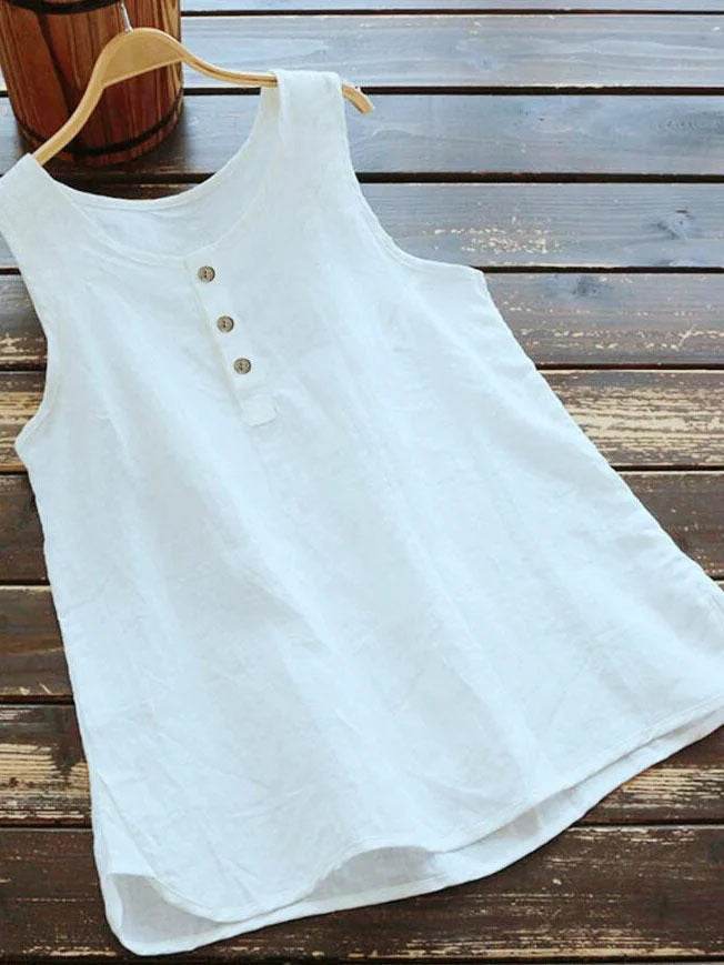 Solid Color Round Neck Loose Casual Vest Cotton Linen summer blouse top for Women - www.Shopthatapp.com