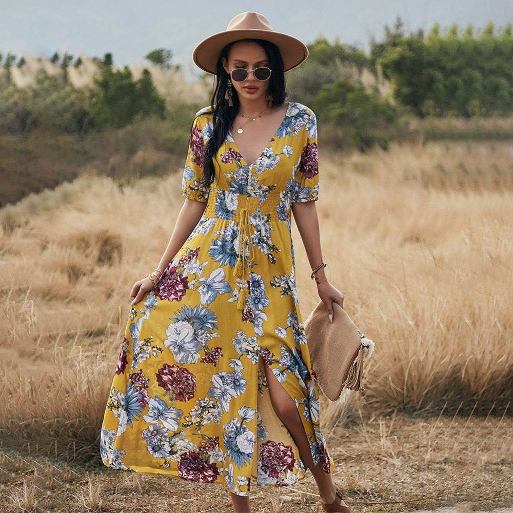 Floral Summer Beach Dress With V Neck Elastic Waist Dresses For Women - www.Shopthatapp.com