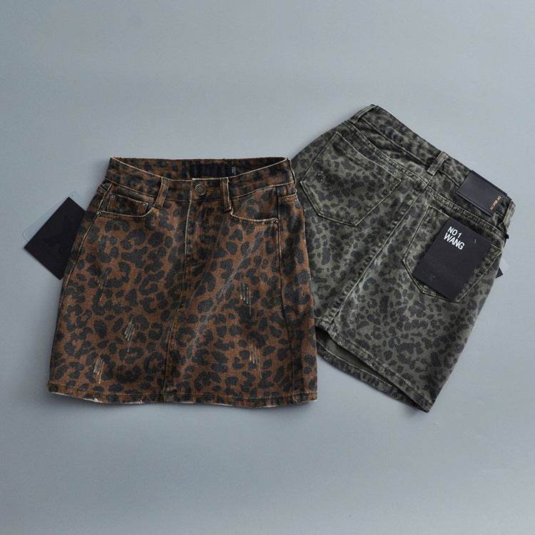Leopard Print Mini Denim Skirt Women's High Waist Pencil Skirt - www.Shopthatapp.com