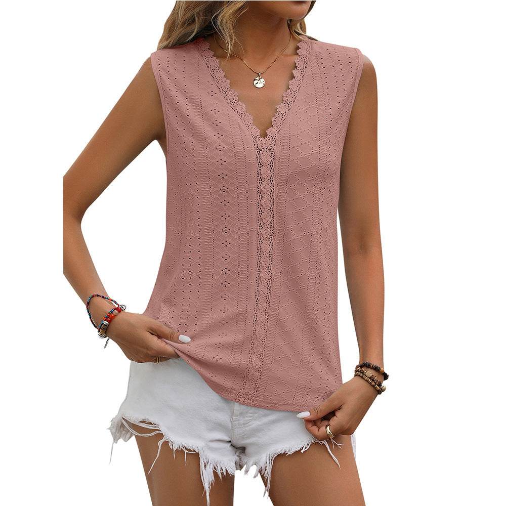 Summer Sleeveless Lace Blouse Tops Women V-neck top - www.Shopthatapp.com