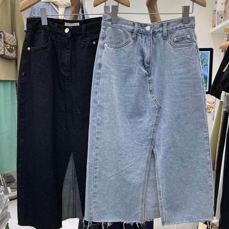 Casual Front Slit Dark Blue and Light Blue Denim Midi Skirt for women - www.Shopthatapp.com