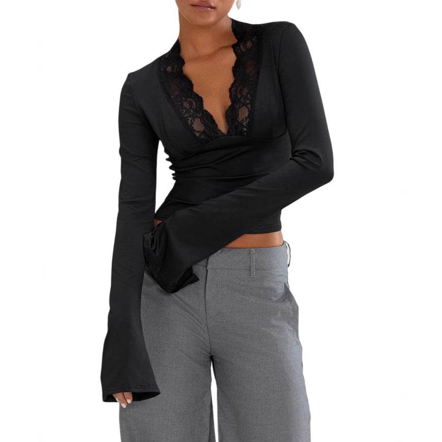 Slim V-neck Lace Ins Fashion Trumpet Sleeve Long-sleeved tank Top Women Clothing - www.Shopthatapp.com