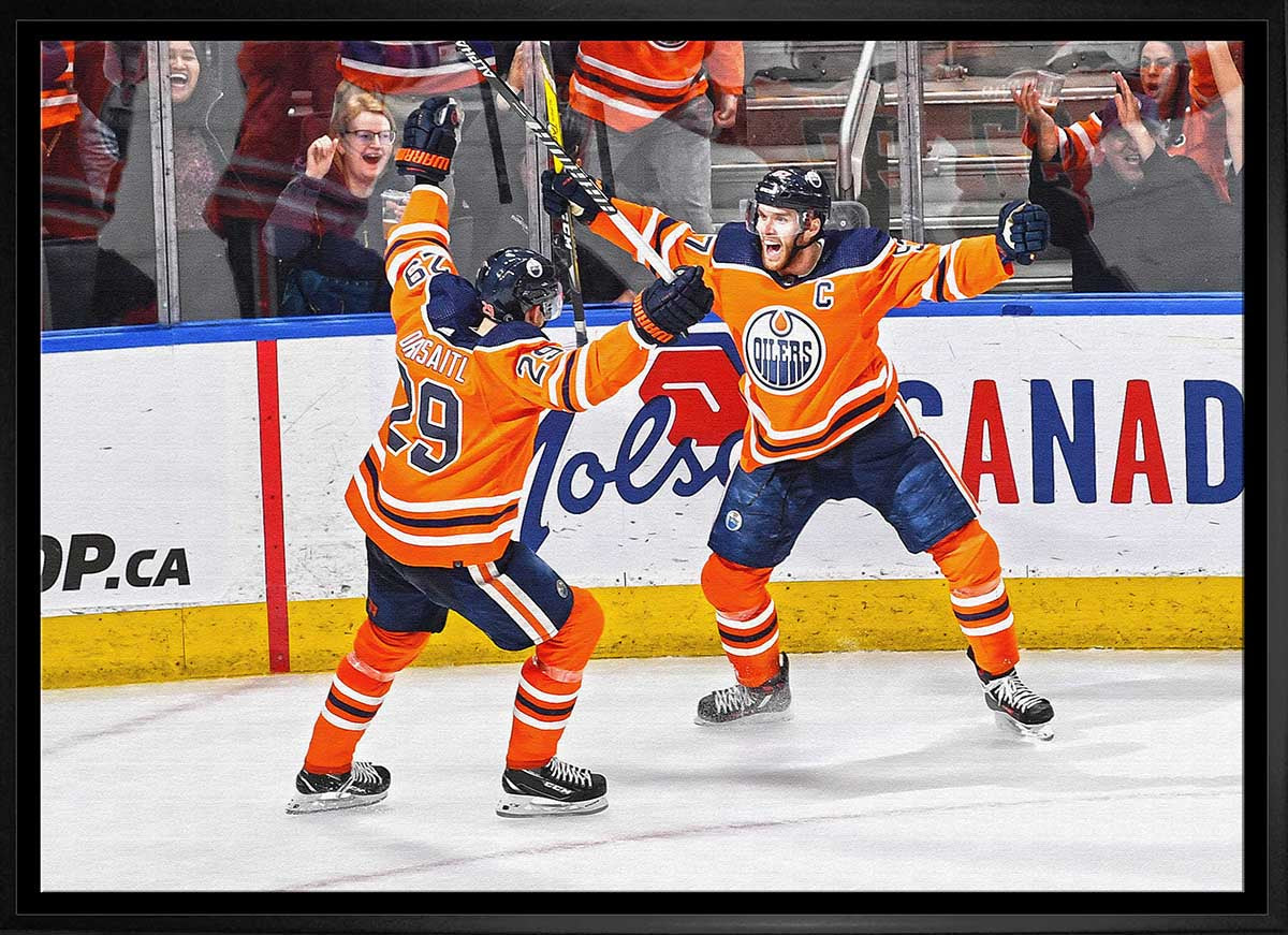 Leon Draisaitl and Connor McDavid 20x29 Framed Canvas Oilers Celebration-H - www.Shopthatapp.com
