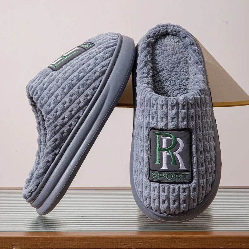 Men's Letter Plush Slippers Winter Warm Non-slip House Shoes Plus Size Indoor Bedroom Floor Home Slipper For Women - www.Shopthatapp.com
