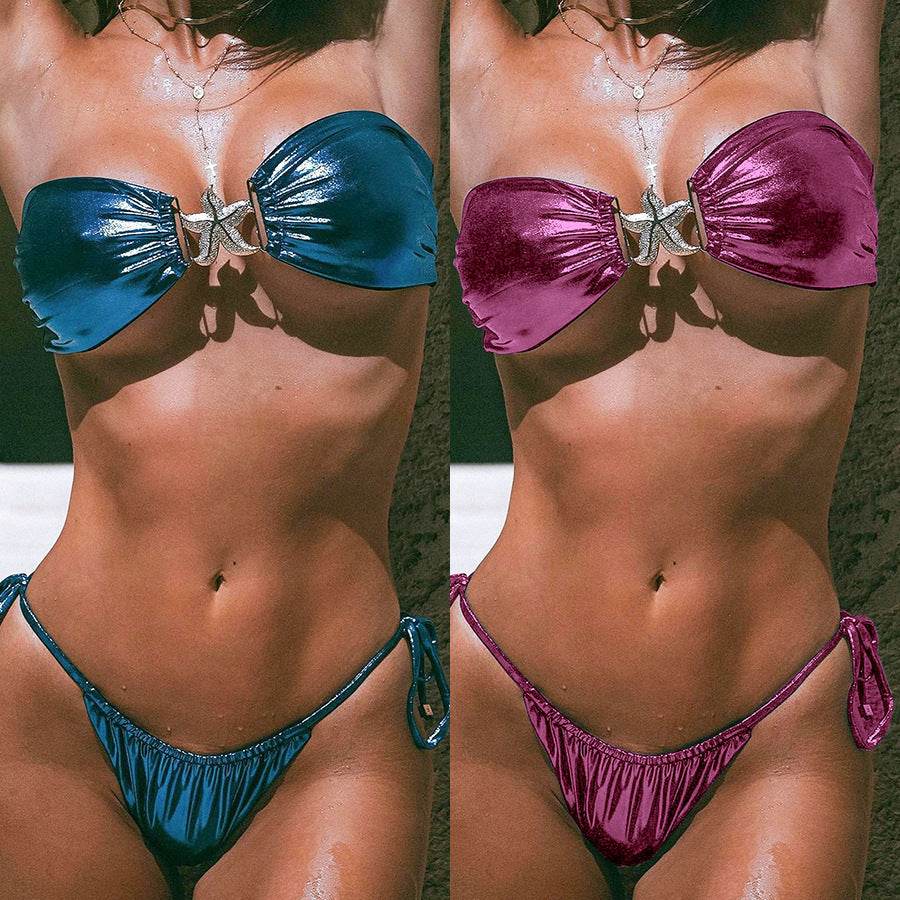 Tube Top Split Bikini Blue Glossy Gold Starfish Female - www.Shopthatapp.com