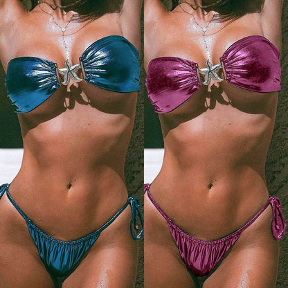 Tube Top Split Bikini Blue Glossy Gold Starfish Female - www.Shopthatapp.com