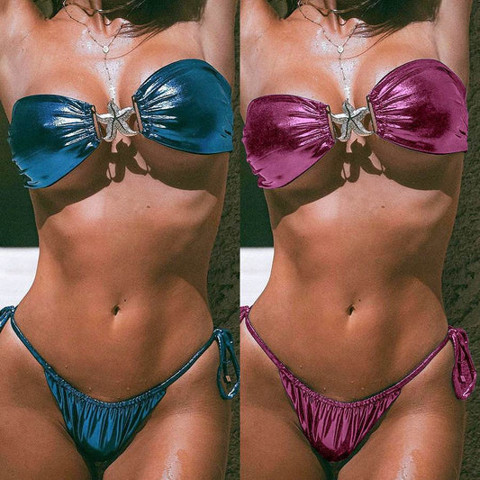 Tube Top Split Bikini Blue Glossy Gold Starfish Female - www.Shopthatapp.com