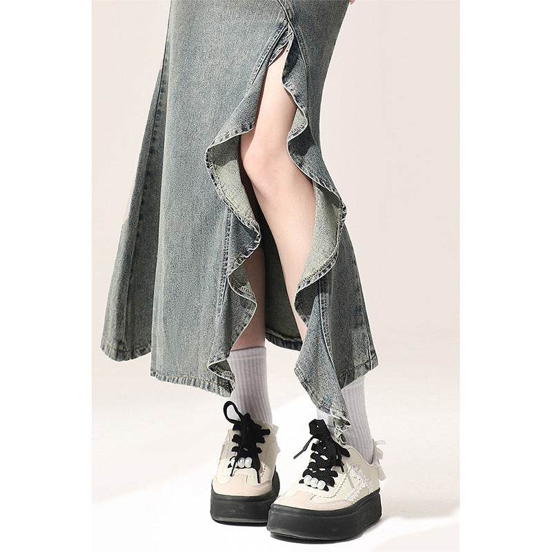 Irregular Half-length Split Denim long Skirt - www.Shopthatapp.com