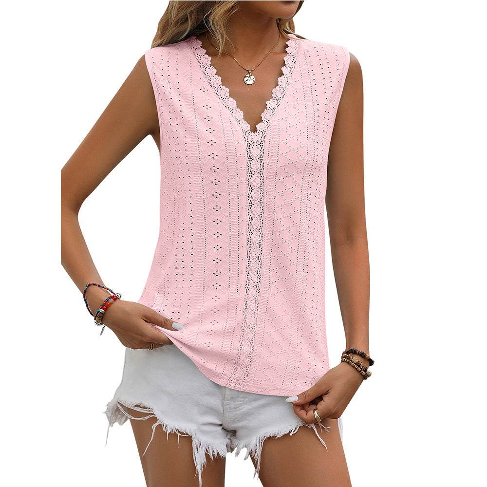 Summer Sleeveless Lace Blouse Tops Women V-neck top - www.Shopthatapp.com