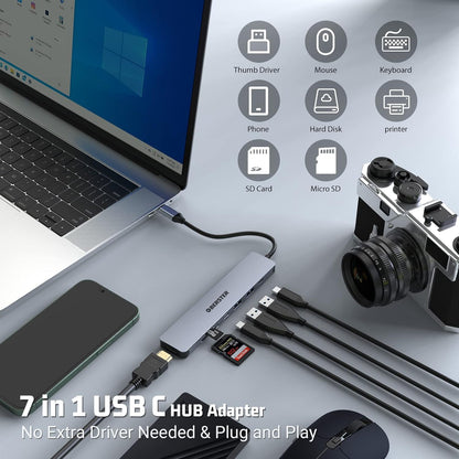 Hub USB C 7 en 1, station d'accueil multiport USB avec sortie HDMI 4K, USB 3 100 W, PD, carte SD/TF