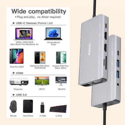 Station d'accueil USB-C 2 ports HDMI 11 en 1, triple écran, hub USB-C 2 ports HDMI et VGA