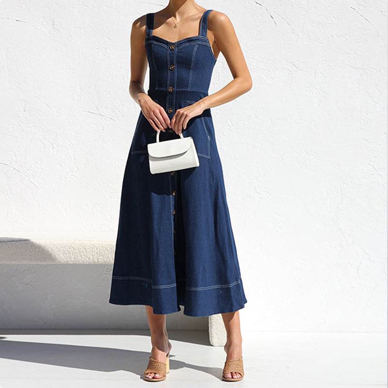 Women Sleeveless Sling Distressed Casual Style Button Denim Long Dress - www.Shopthatapp.com