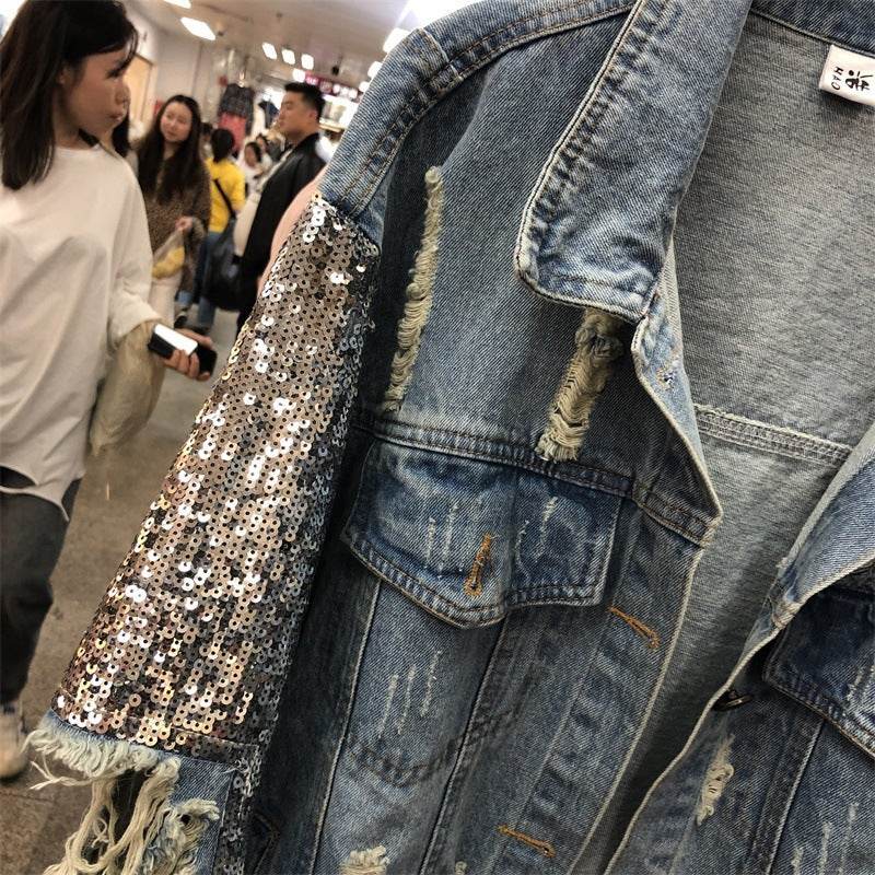 Street Fashion Heavy Industry lose Ripped Sequined Sleeve Denim Jacket Women - www.Shopthatapp.com