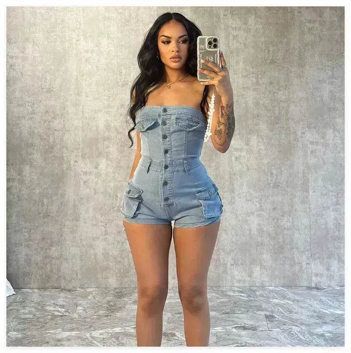 Women Denim Tube Romper Jumpsuit Strapless Bodycon Denim Short Jumpsuit - www.Shopthatapp.com