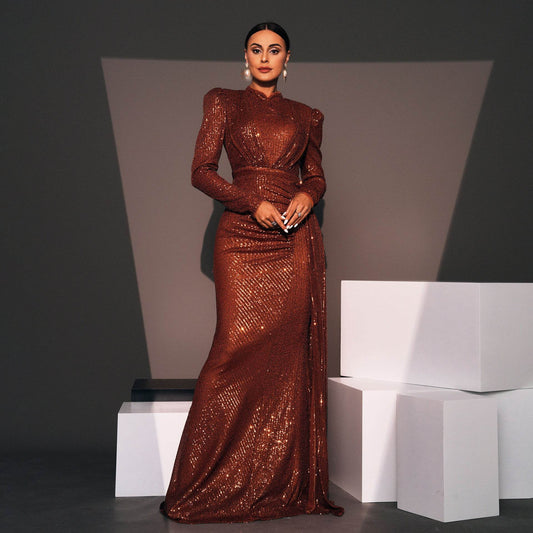Long Sleeve Round Neck Slim Long Sequined Banquet Dress - www.Shopthatapp.com