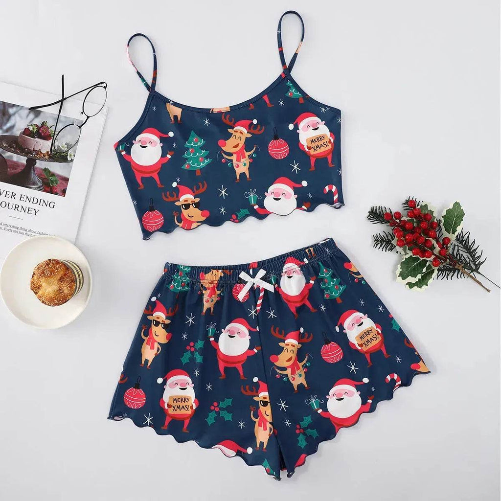 Christmas European And American Thin Pajamas Women's Sleeveless Shorts Milk Silk Simple Casual Two-piece Suit Homewear - www.Shopthatapp.com