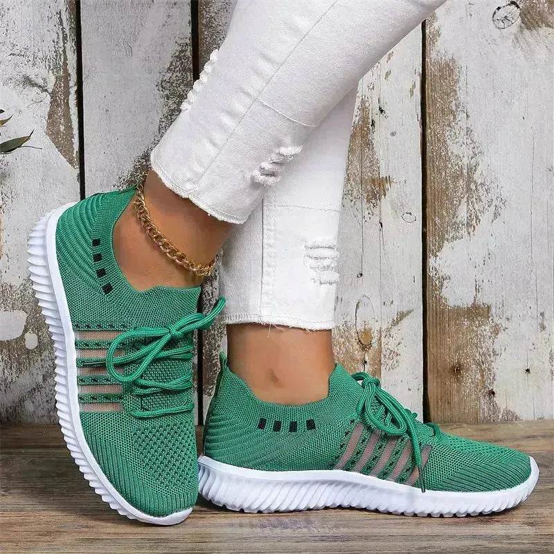 Casual Lace-up Mesh Sneakers Breathable Flying Woven Round Toe Walking Running Sports Shoes for Women - www.Shopthatapp.com