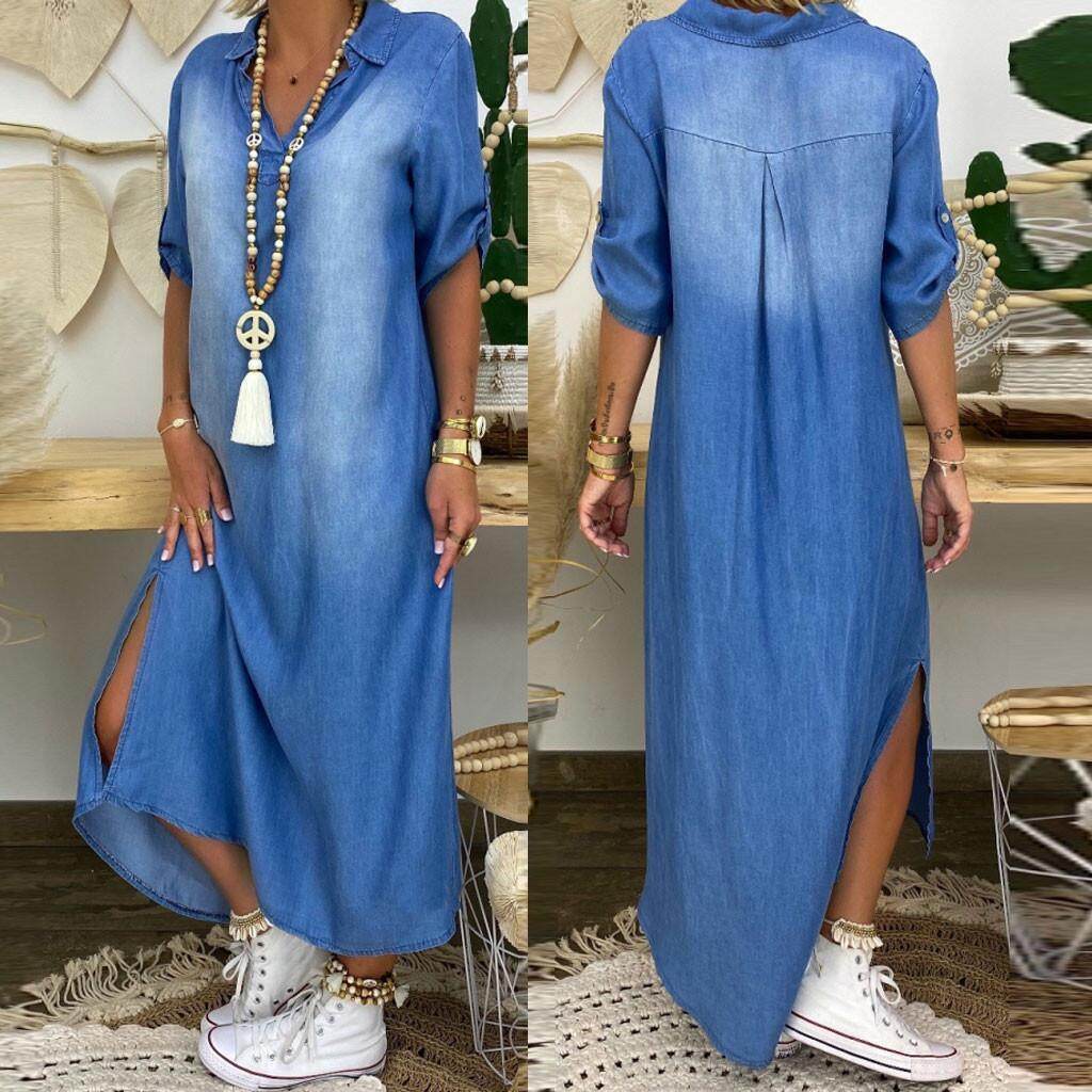 New washed denim dress Side Split Loose Mum Long Jeans Dress - www.Shopthatapp.com