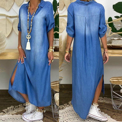 New washed denim dress Side Split Loose Mum Long Jeans Dress - www.Shopthatapp.com
