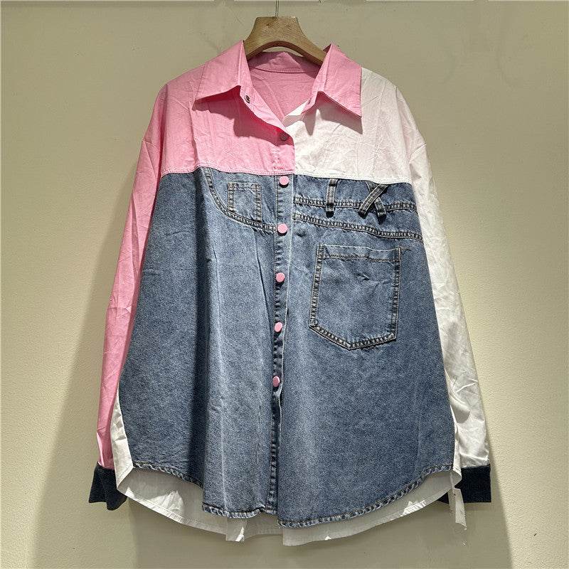 High-grade Contrast Color Patchwork Cotton Denim Long Sleeve Loose Shirt Women - www.Shopthatapp.com