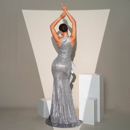 Exquisite Sleeveless Halter neck Banquet Slit  Sequined Cocktail Party Dress - www.Shopthatapp.com