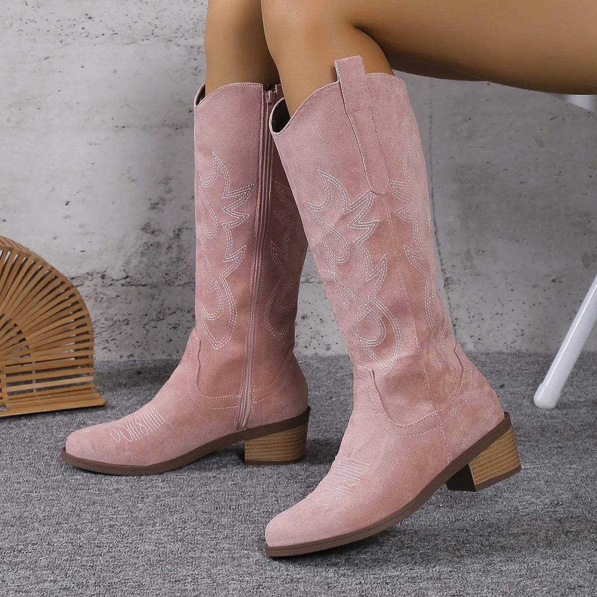 Women's Retro Pointed Toe Chunky Heel Solid Color Side Zipper Mid-calf Cowboy Boot - www.Shopthatapp.com