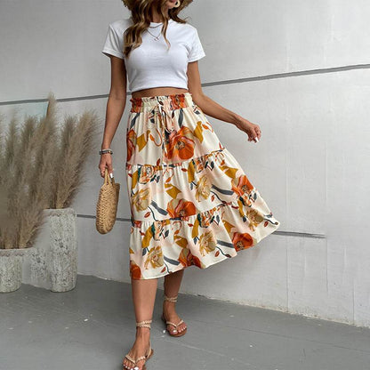 Women's Floral Tiered Midi Skirt Elastic Waist Dressy Casual A-line Flowy Boho Skirts - www.Shopthatapp.com