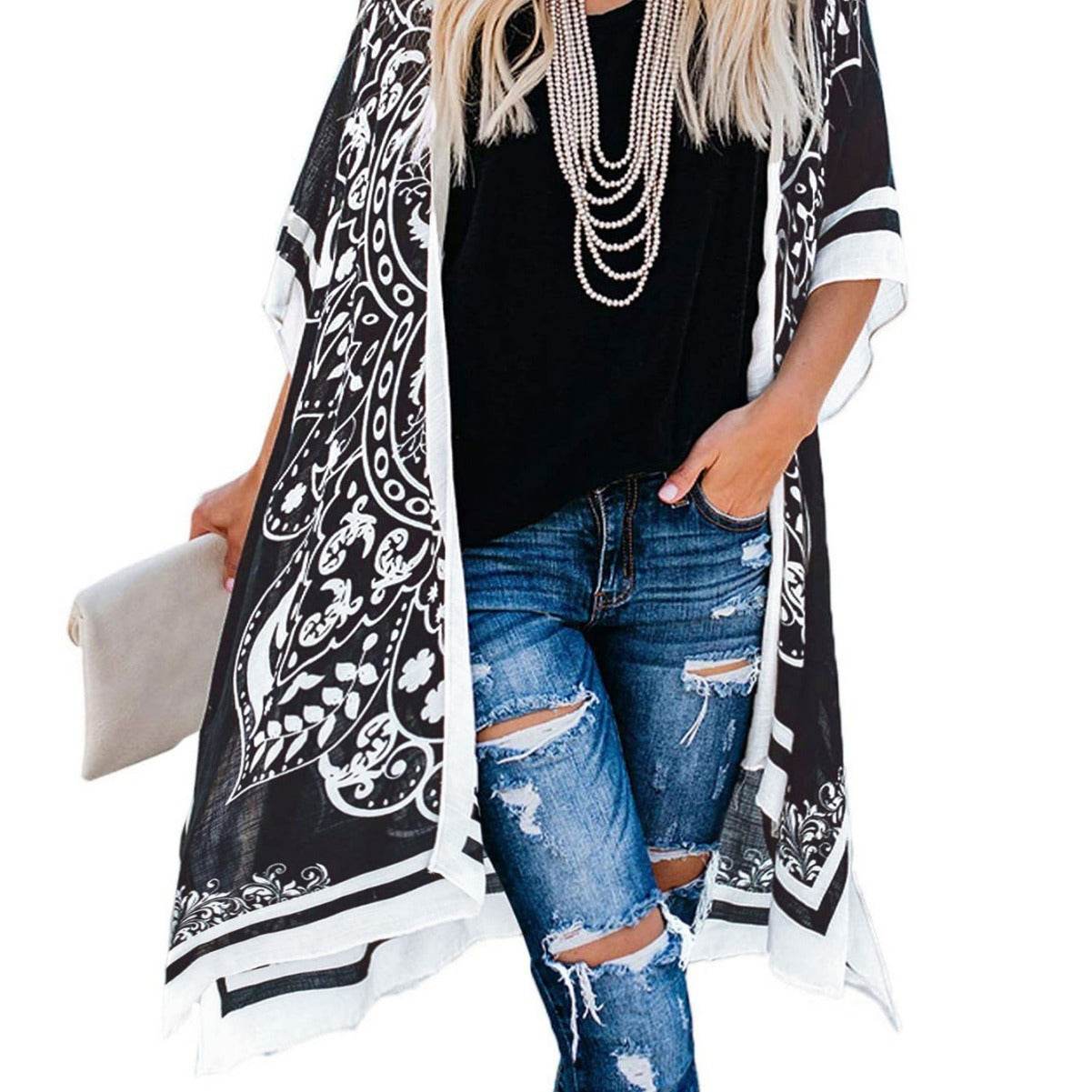 Spring Summer Printed Sun Protection Beach Kimono Cardigan Blouse top Women - www.Shopthatapp.com
