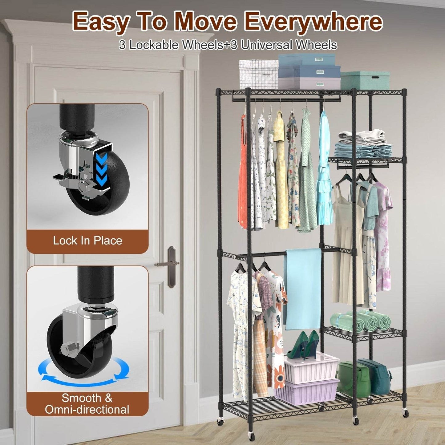 1Pc 4 Tier Heavy Duty Garment Rack With Wheels Carbon Steel Clothing Rack Portable Wardrobe Clothes Rack With 3 Hanging Rods 6 Footrests 44.9x17.13x77.95in - www.Shopthatapp.com