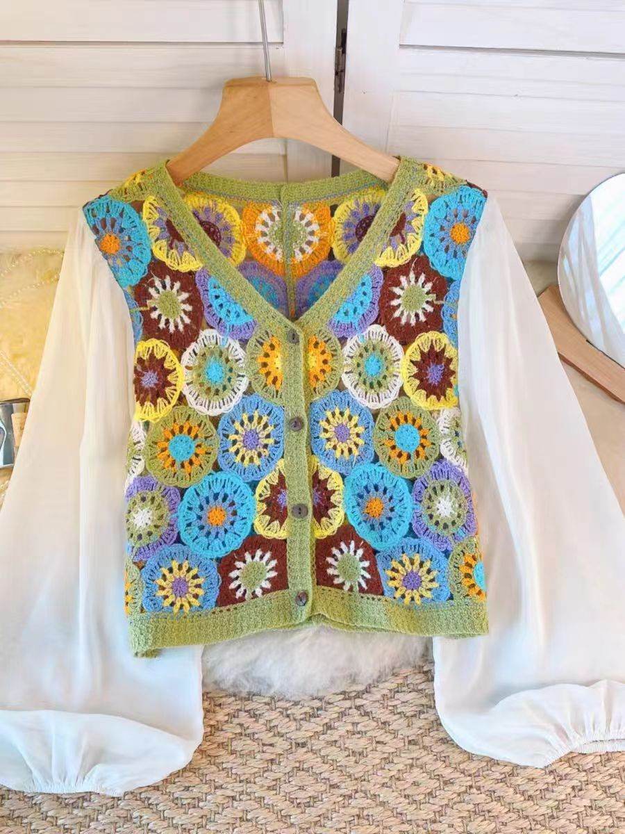 Summer Vacation Style Crocheted Hollow Design Knitted Chiffon Patchwork Long Sleeve Retro Slimming V-neck blouse top For Women - www.Shopthatapp.com