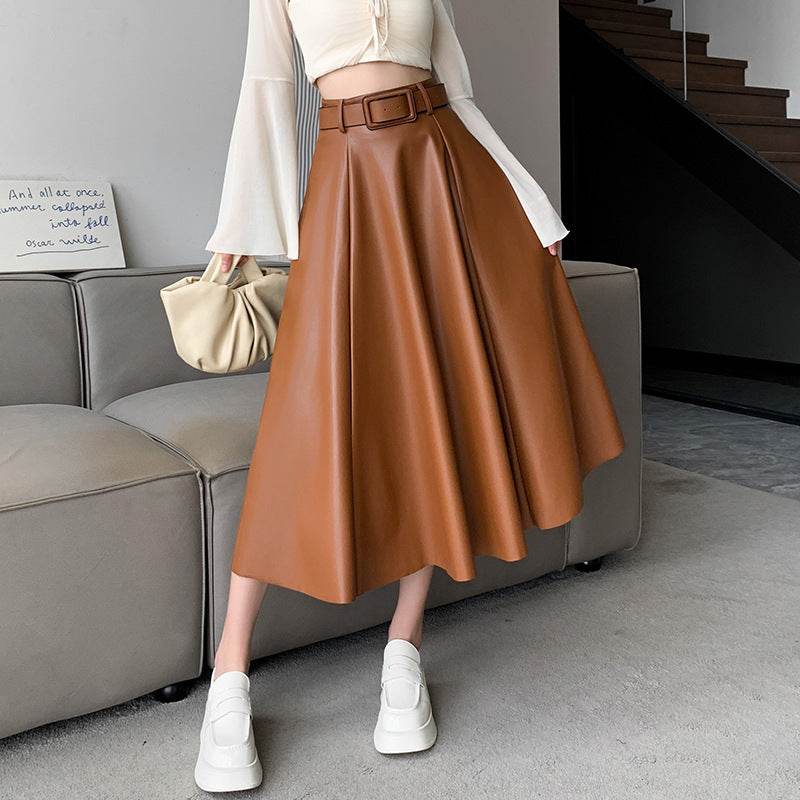 Elegant women High waist Flared Midi PU Leather skirt - www.Shopthatapp.com