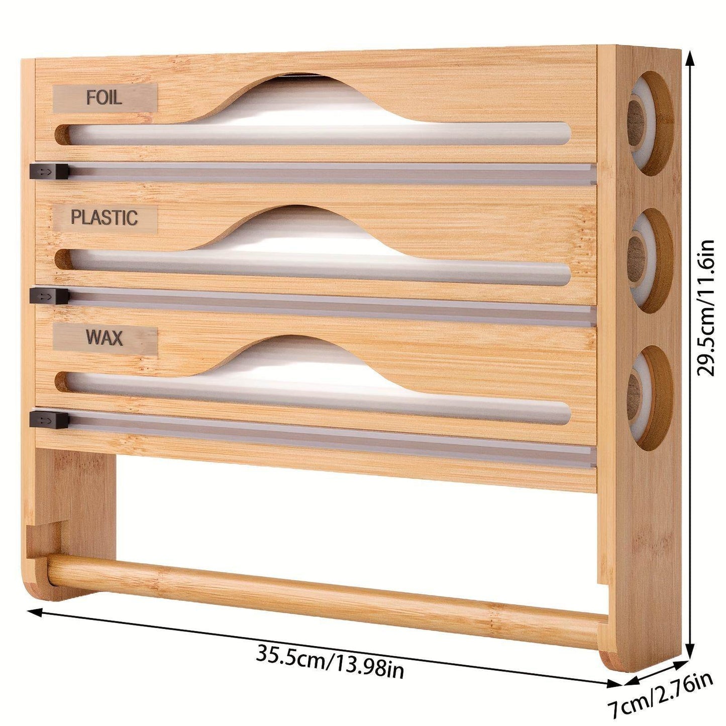 3 grid Bamboo Wood Wall Mounted Food Wrap Dispenser - www.Shopthatapp.com