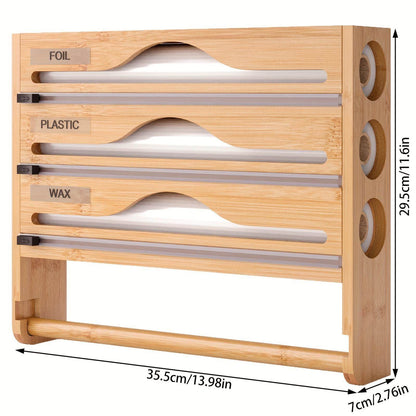 3 grid Bamboo Wood Wall Mounted Food Wrap Dispenser - www.Shopthatapp.com