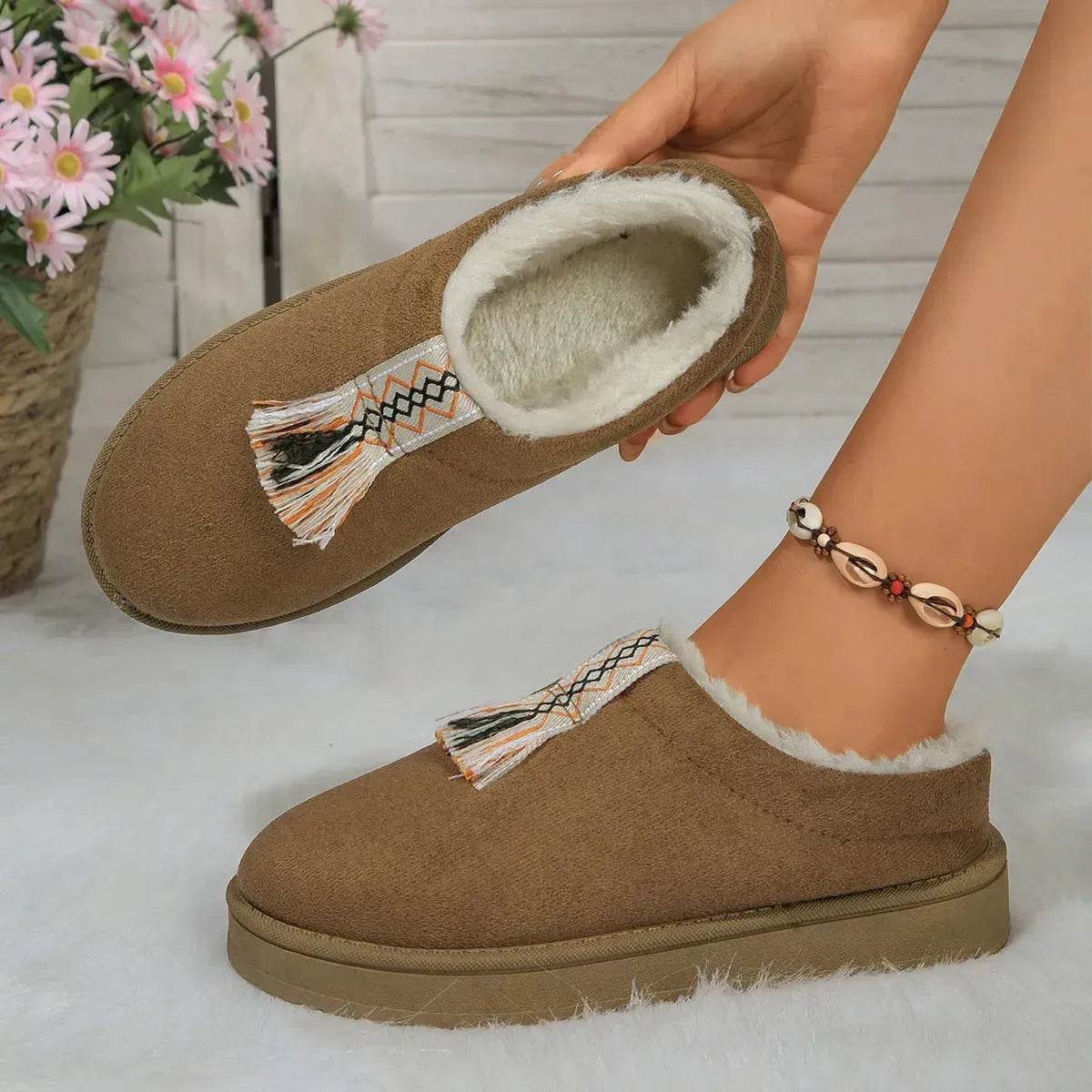 Winter Plush Home Slippers Fashion Round Toe Flat Suede Garden Shoes Indoor Warm Floor Bedroom Slipper For Women - www.Shopthatapp.com