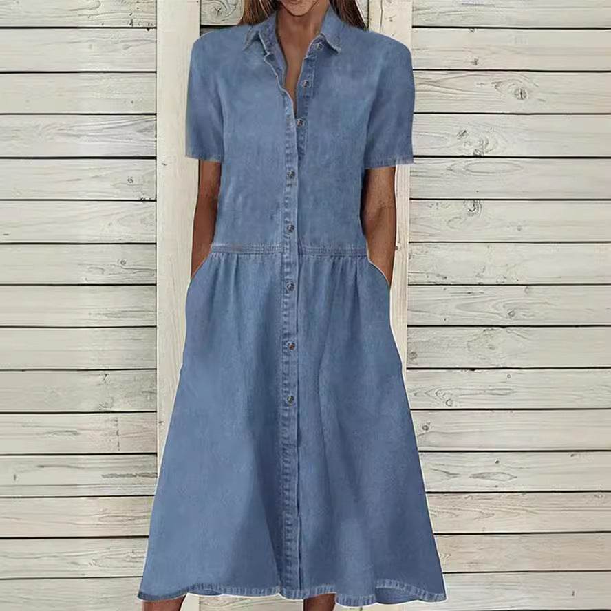 Women's European And American Lapel Casual loose button down Midi Denim jeans Mum Dress - www.Shopthatapp.com
