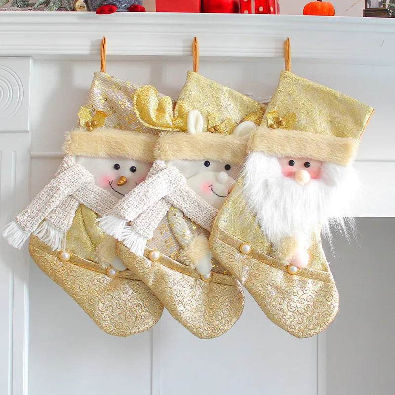 Santa Snowman Gold Christmas Stockings Pendant Candy Bag - www.Shopthatapp.com