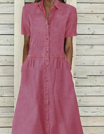 Women's European And American Lapel Casual loose button down Midi Denim jeans Mum Dress - www.Shopthatapp.com