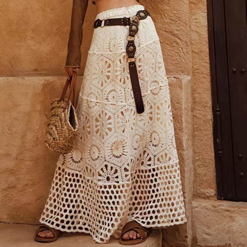 Spring Summer Crochet Lace Patchwork A- Line Beach Skirt Holiday Style Hollow-out flared flowy Maxi Skirt - www.Shopthatapp.com