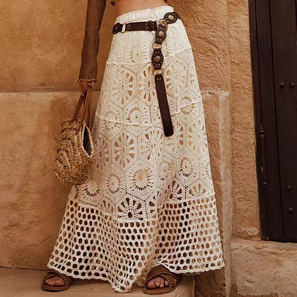 Spring Summer Crochet Lace Patchwork A- Line Beach Skirt Holiday Style Hollow-out flared flowy Maxi Skirt - www.Shopthatapp.com