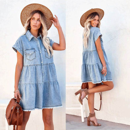 Casual Fashion Denim Short Sleeve loose mini Dress - www.Shopthatapp.com