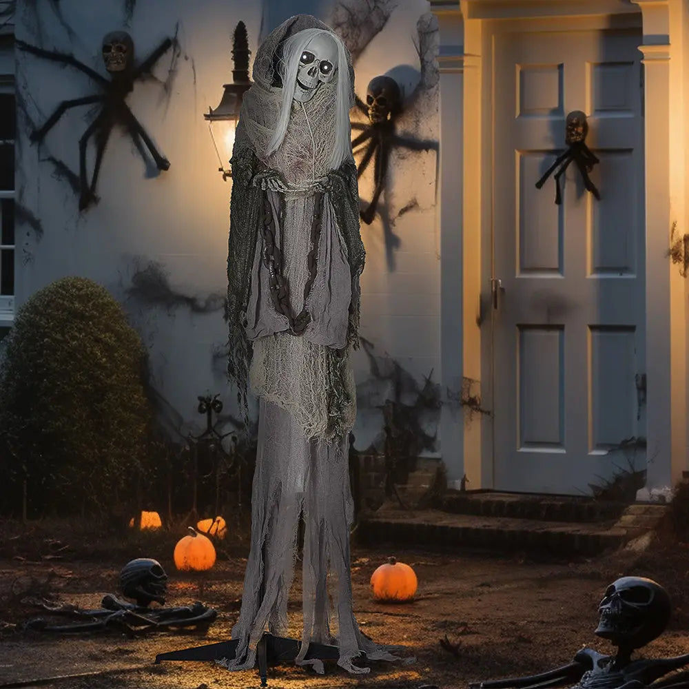 74inch Life Size Outdoor Halloween Decorations Skeleton Witch, Sound And Motion Activated Animated Prop Animatronic Decor With Light Up Eyes, Spooky Sound - www.Shopthatapp.com