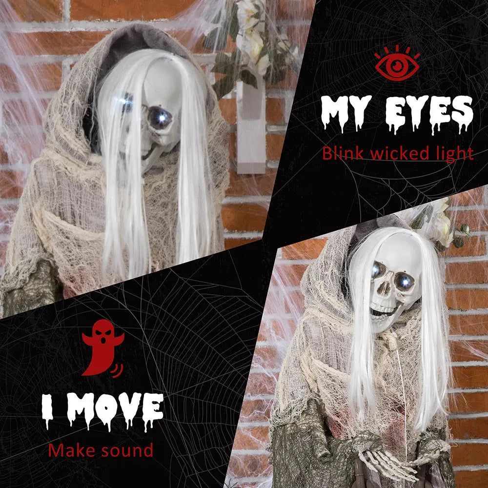 74inch Life Size Outdoor Halloween Decorations Skeleton Witch, Sound And Motion Activated Animated Prop Animatronic Decor With Light Up Eyes, Spooky Sound - www.Shopthatapp.com