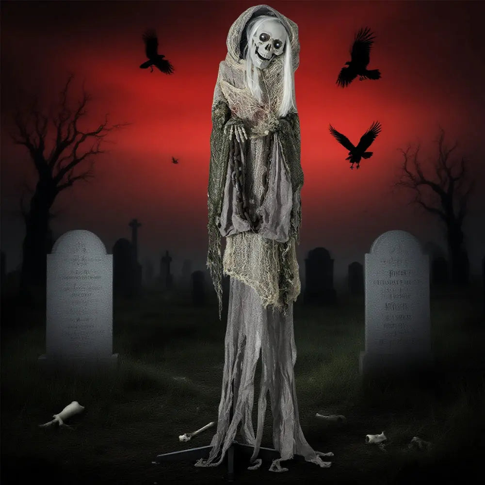 74inch Life Size Outdoor Halloween Decorations Skeleton Witch, Sound And Motion Activated Animated Prop Animatronic Decor With Light Up Eyes, Spooky Sound - www.Shopthatapp.com