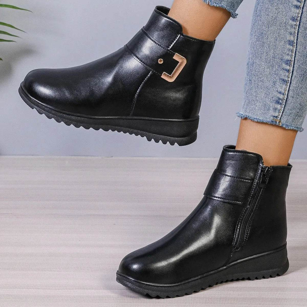 Winter Fleece Boots With Side Zipper Design Fashion Simple Non-slip Ankle Boots For Women Warm Pu Leather Shoes - www.Shopthatapp.com