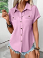 Lapel Shoulder Pleated Pocket Short Sleeve Top Shirt T-shirt Women - www.Shopthatapp.com