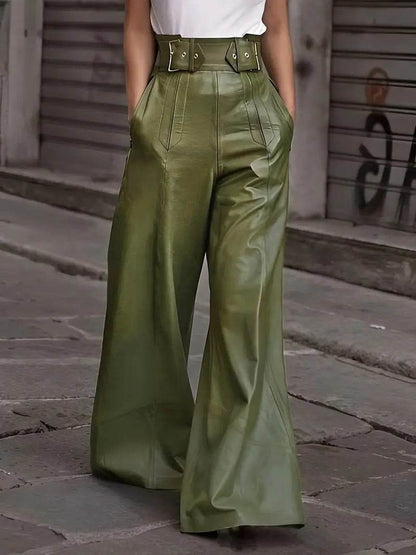 Fashion Leather High Waist Pocket Casual Trousers - www.Shopthatapp.com