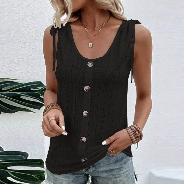 Casual summer U-neck Vest Women Shoulder With Bow Tie Summer blouse top - www.Shopthatapp.com