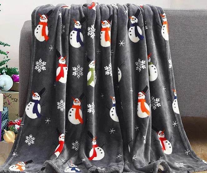 Christmas Elk Snowman Santa Claus Print Blanket Winter Double-sided Flannel Blanket For Sofa Sleeping Shawl - www.Shopthatapp.com